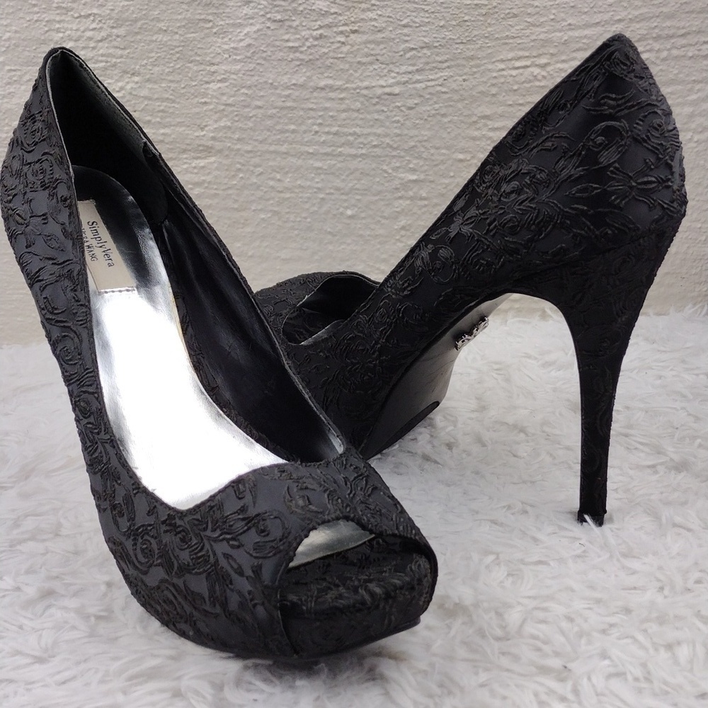 SimplyVera Vera Wang Black Fabric Square Peep Toe Slip-On Platform Stiletto Heel